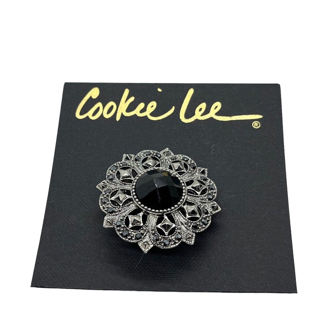 Cookie Lee Pin Brooch Marcasite Genuine Black Crystal 25809 New on Card Vintage